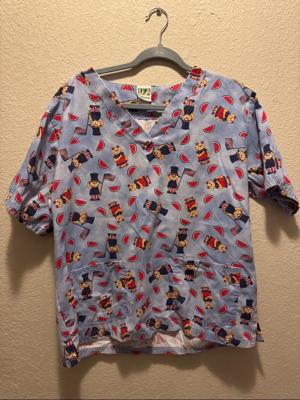 Light Blue Patriotic Bear Print Scrub Top